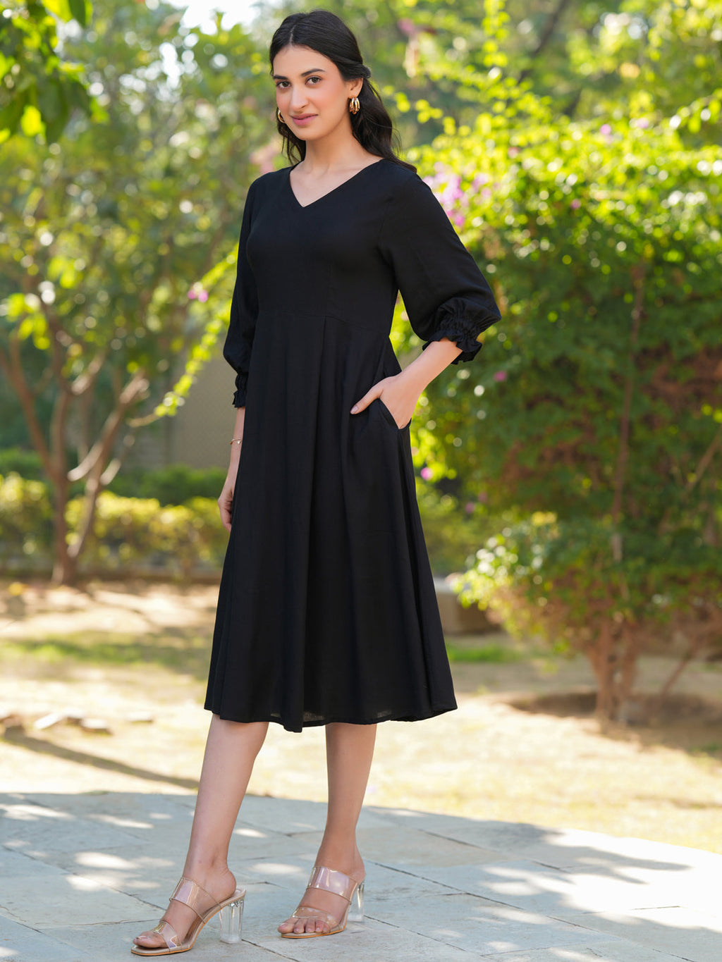 Janasya Dark Rayon Solid A-Line Dress - Distacart