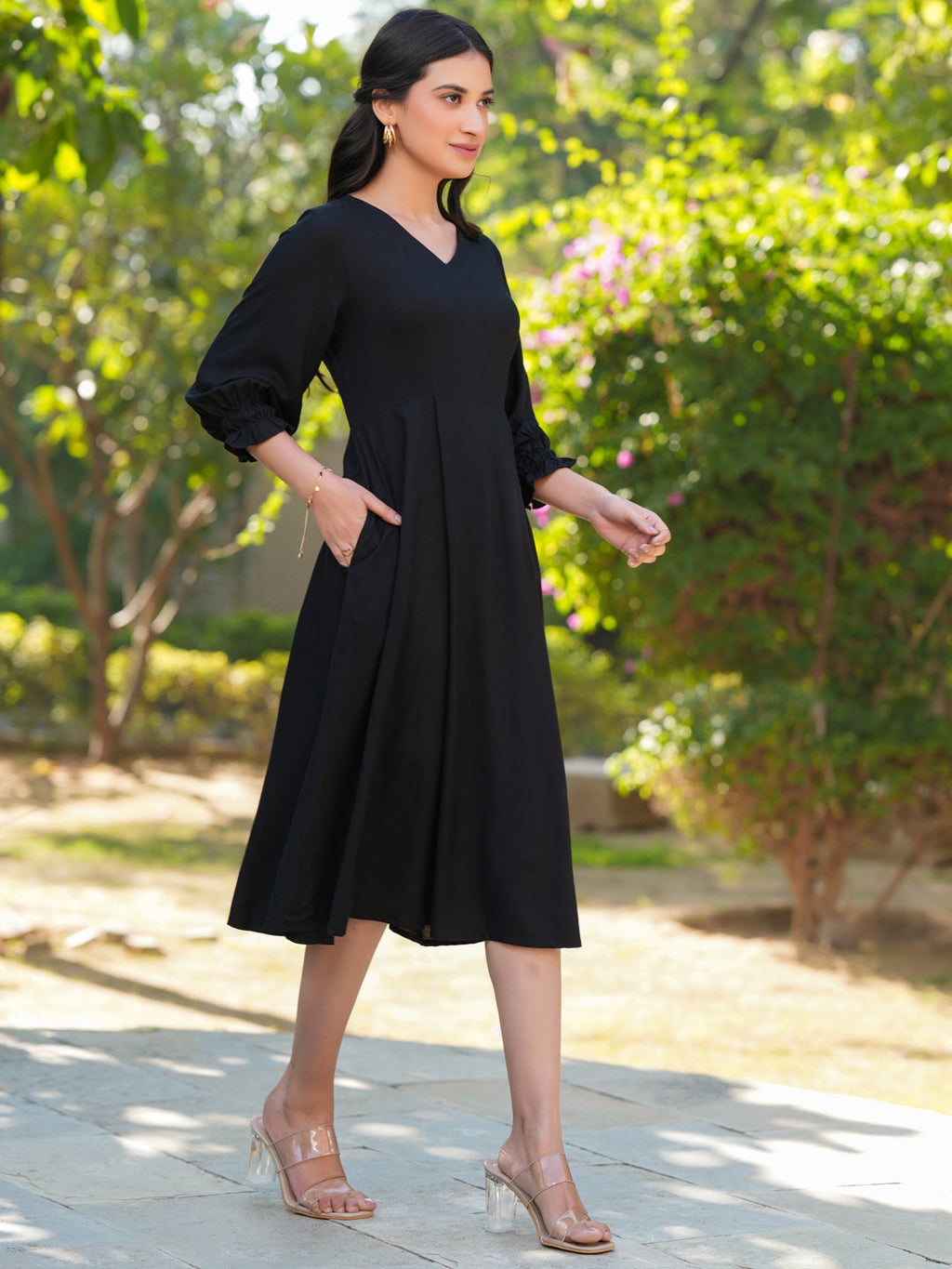 Janasya Dark Rayon Solid A-Line Dress - Distacart