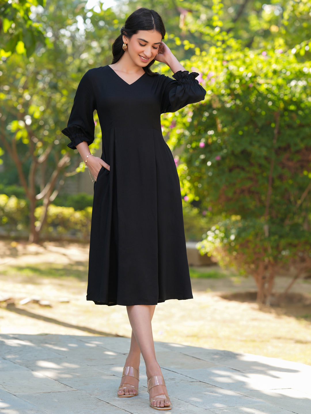 Janasya Dark Rayon Solid A-Line Dress - Distacart