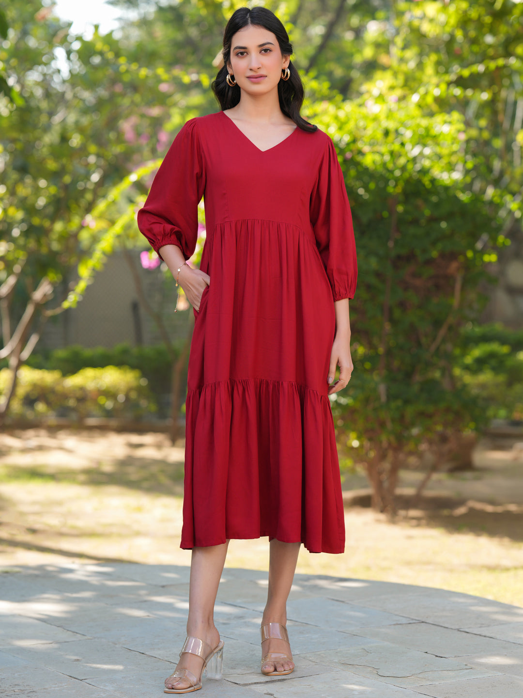 Janasya Bright Rayon Solid Tiered Dress - Distacart