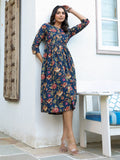 Janasya Dark Cotton Floral A-Line DRESS - Distacart