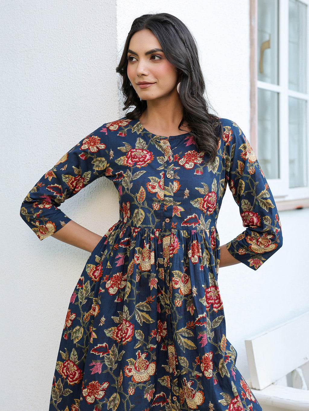 Janasya Dark Cotton Floral A-Line DRESS - Distacart