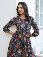 Janasya Dark Cotton Floral A-Line DRESS - Distacart