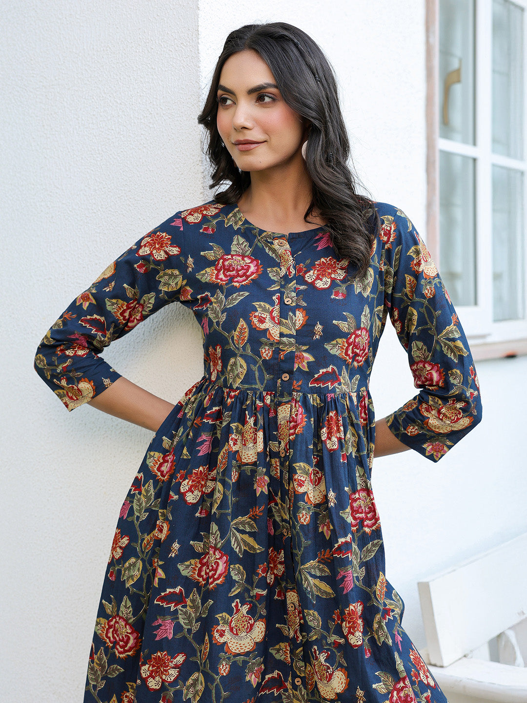 Janasya Dark Cotton Floral A-Line DRESS - Distacart