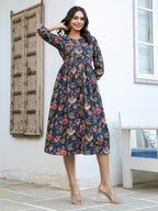 Janasya Dark Cotton Floral A-Line DRESS - Distacart