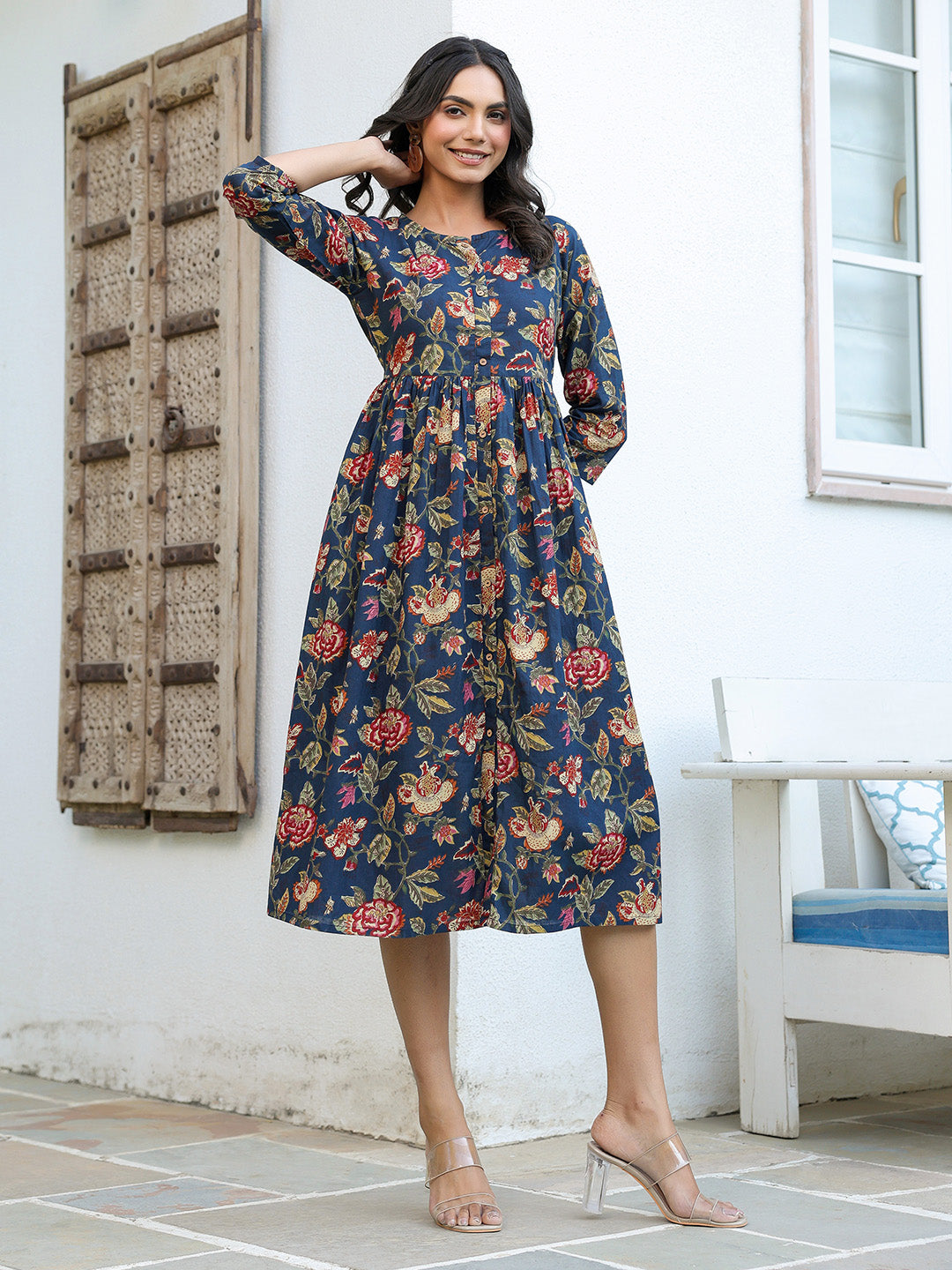 Janasya Dark Cotton Floral A-Line DRESS - Distacart