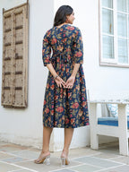 Janasya Dark Cotton Floral A-Line DRESS - Distacart