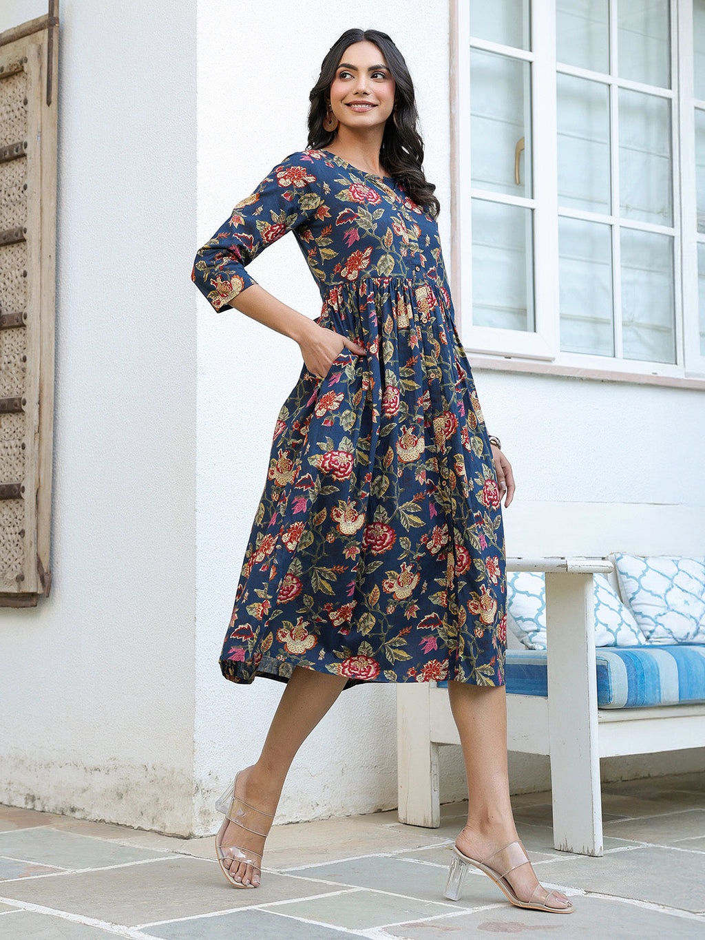 Janasya Dark Cotton Floral A-Line DRESS - Distacart