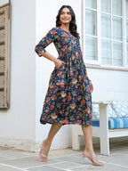 Janasya Dark Cotton Floral A-Line DRESS - Distacart