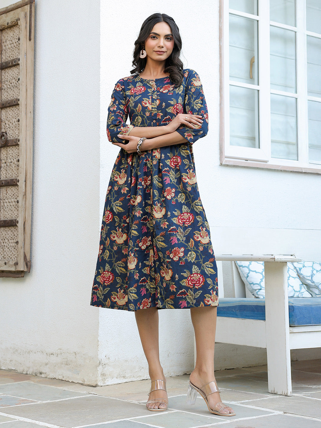 Janasya Dark Cotton Floral A-Line DRESS - Distacart