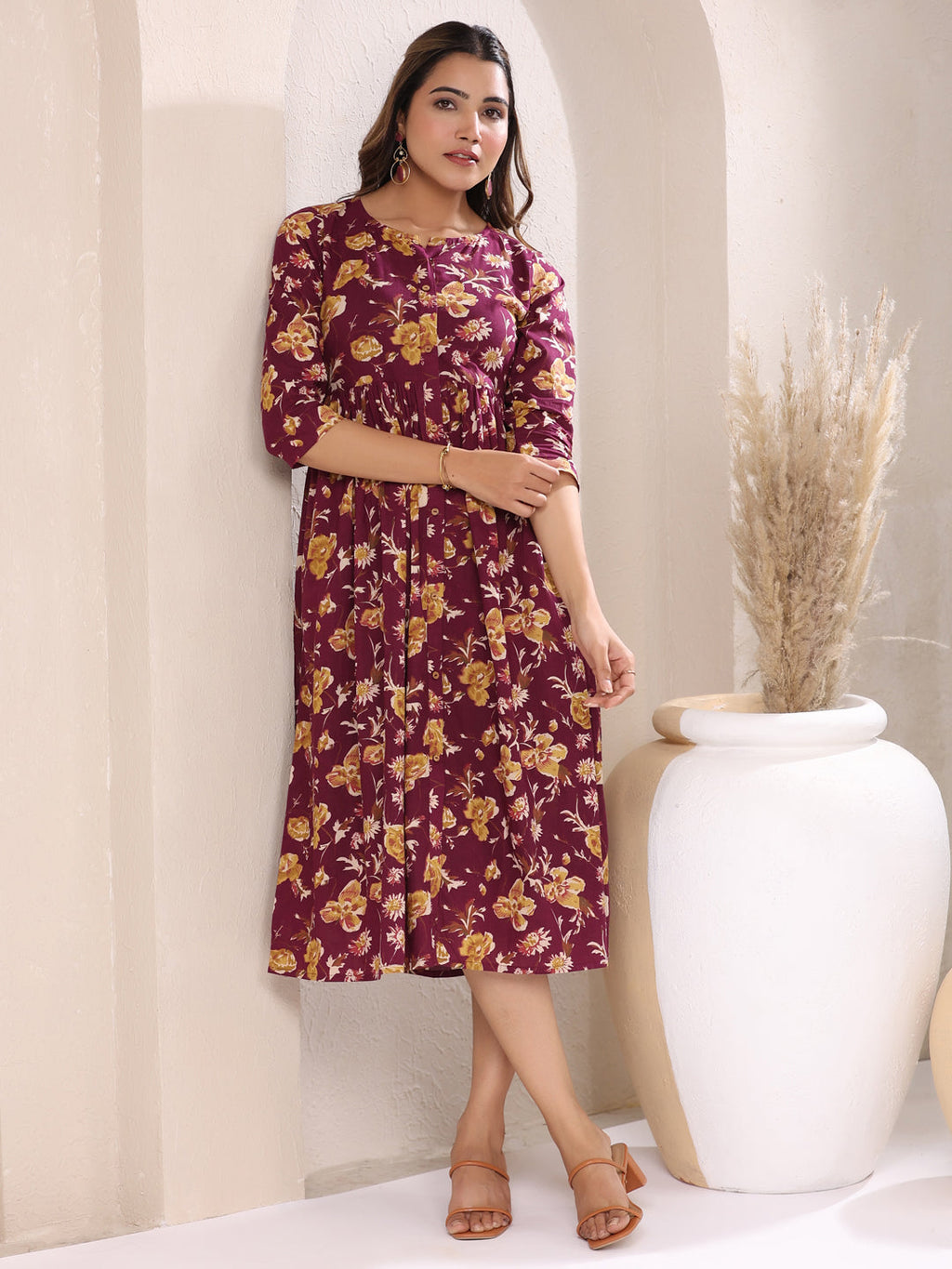 Janasya Dark Cotton Floral Gathered Dress - Distacart