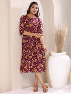 Janasya Dark Cotton Floral Gathered Dress - Distacart