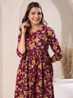 Janasya Dark Cotton Floral Gathered Dress - Distacart
