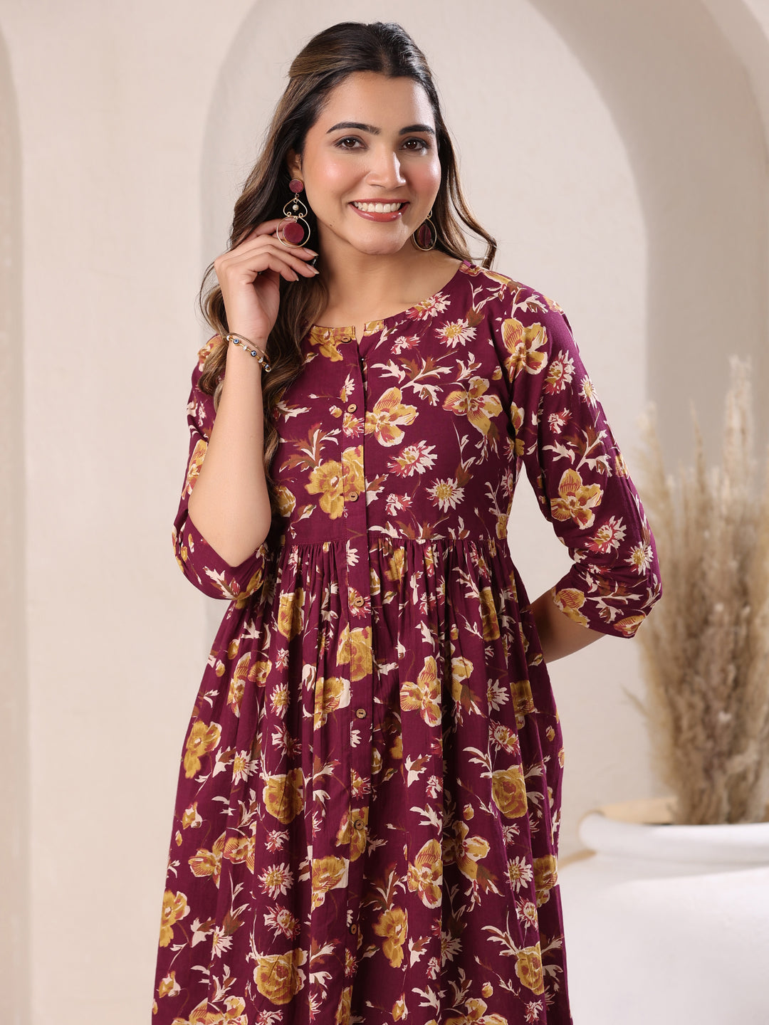Janasya Dark Cotton Floral Gathered Dress - Distacart