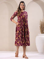 Janasya Dark Cotton Floral Gathered Dress - Distacart