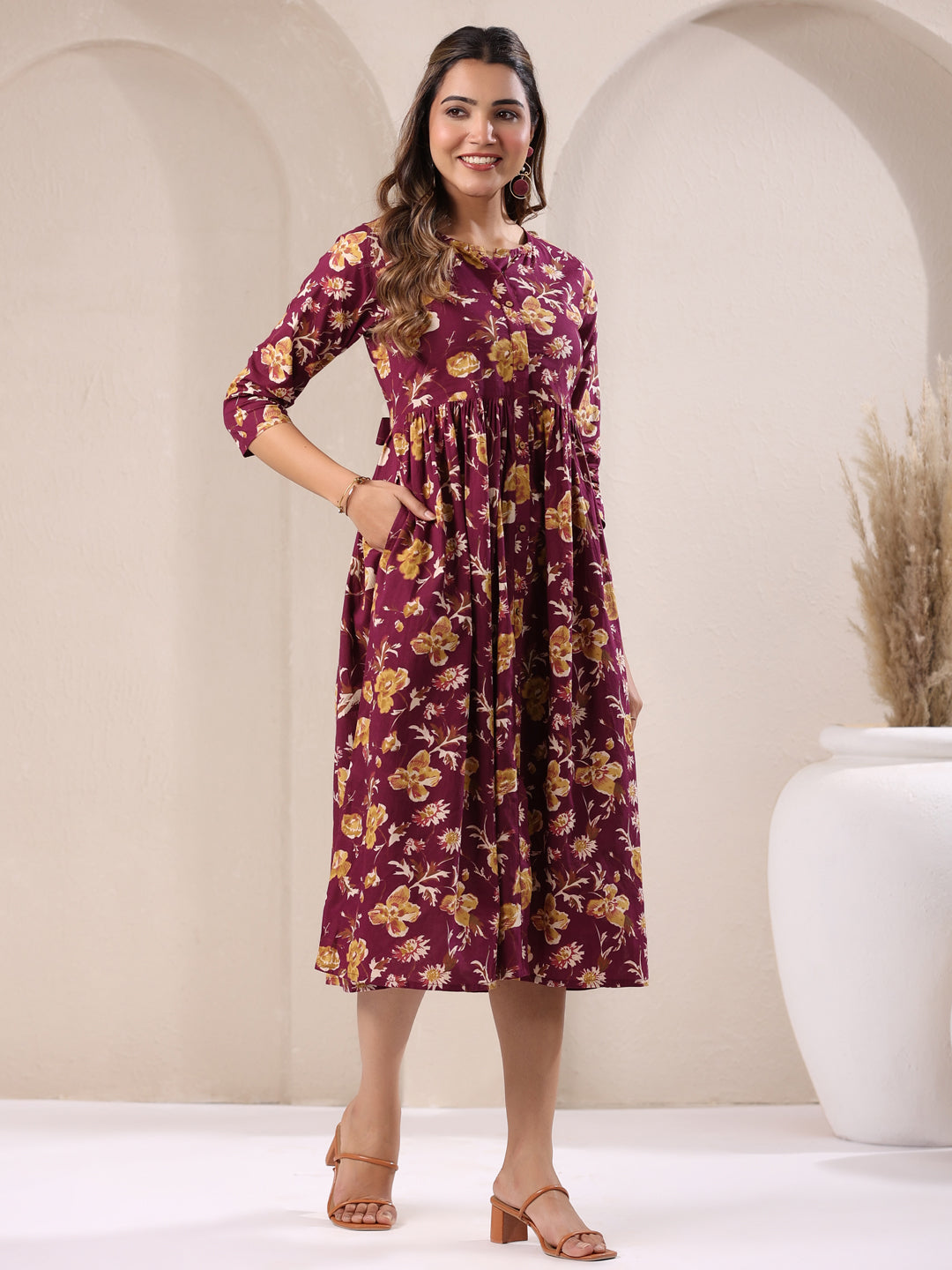 Janasya Dark Cotton Floral Gathered Dress - Distacart