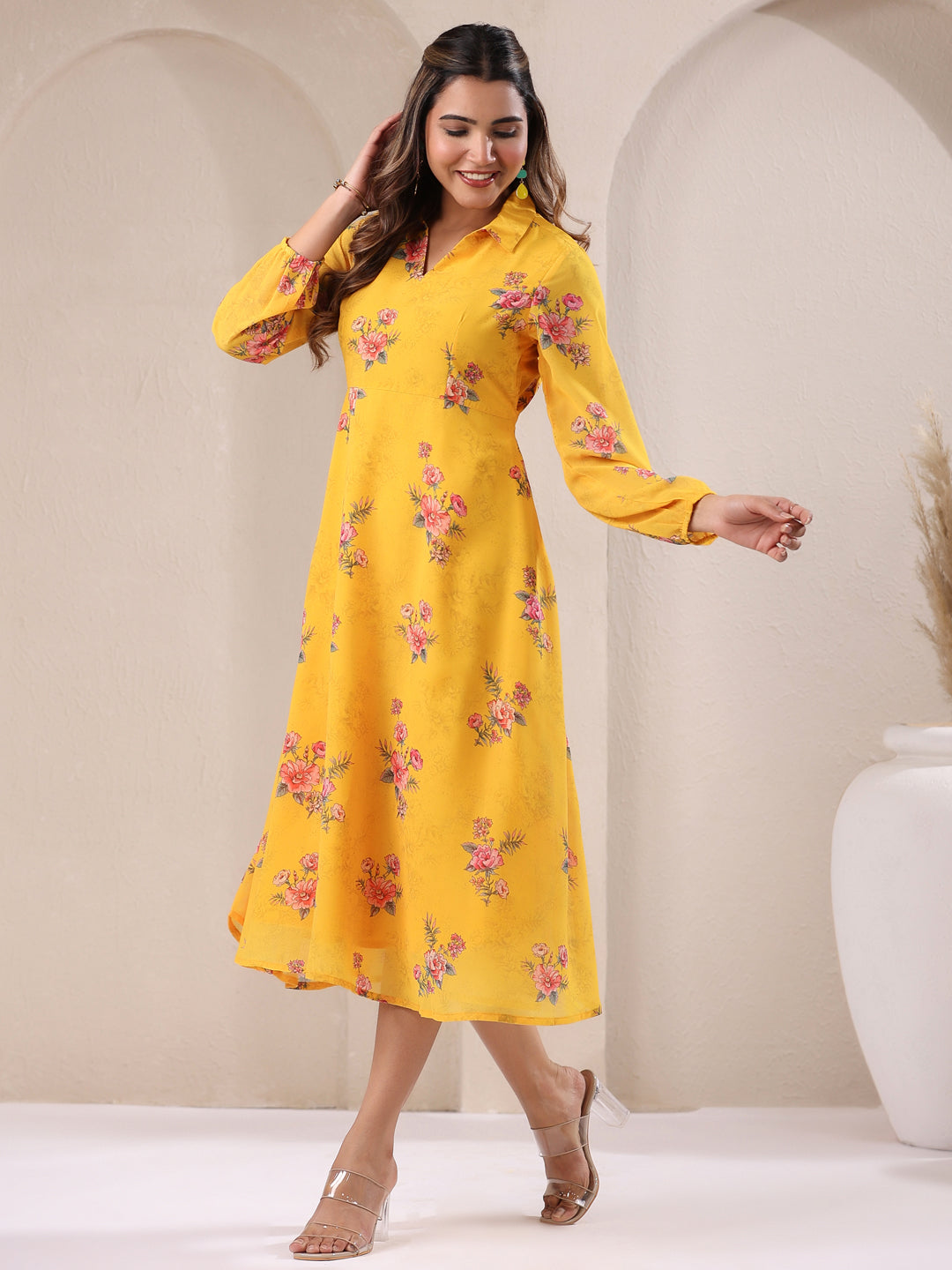 Janasya Bright Georgette Floral A-Line Dress - Distacart