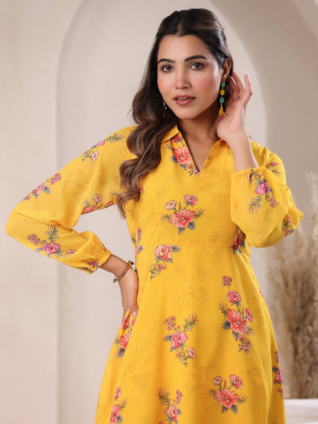 Janasya Bright Georgette Floral A-Line Dress - Distacart