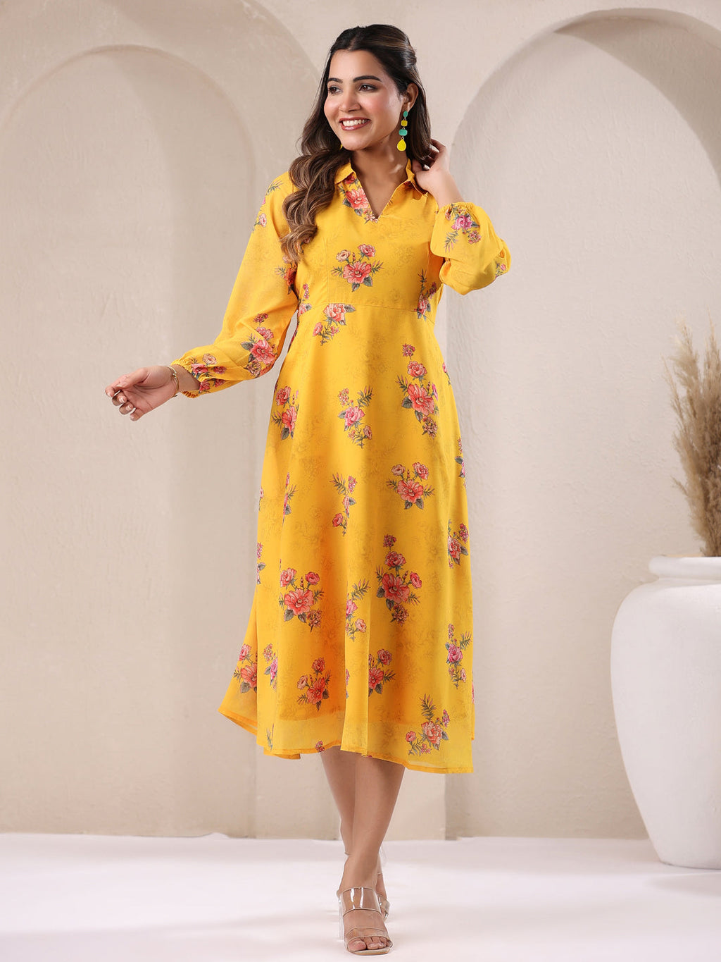 Janasya Bright Georgette Floral A-Line Dress - Distacart