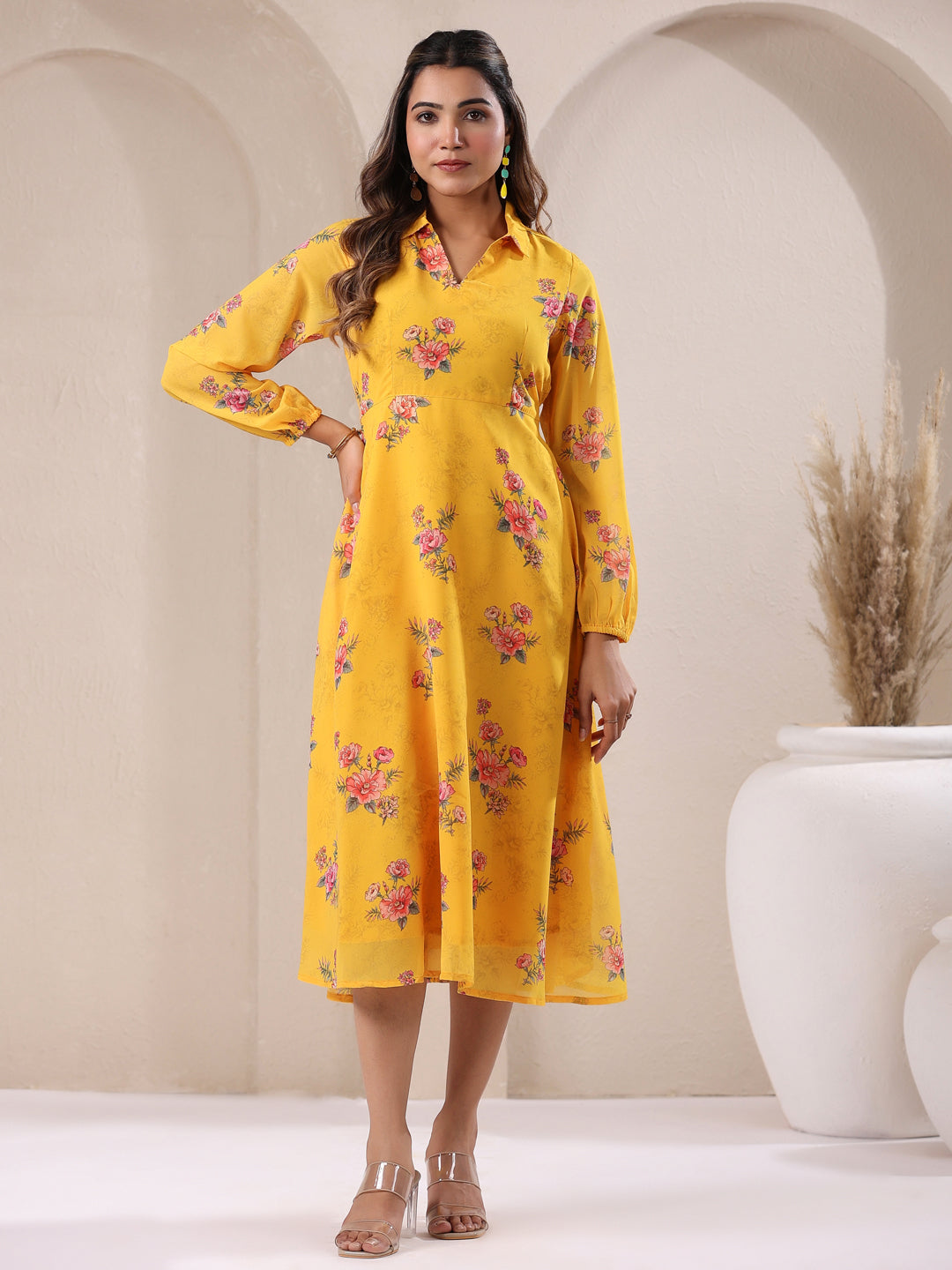 Janasya Bright Georgette Floral A-Line Dress - Distacart