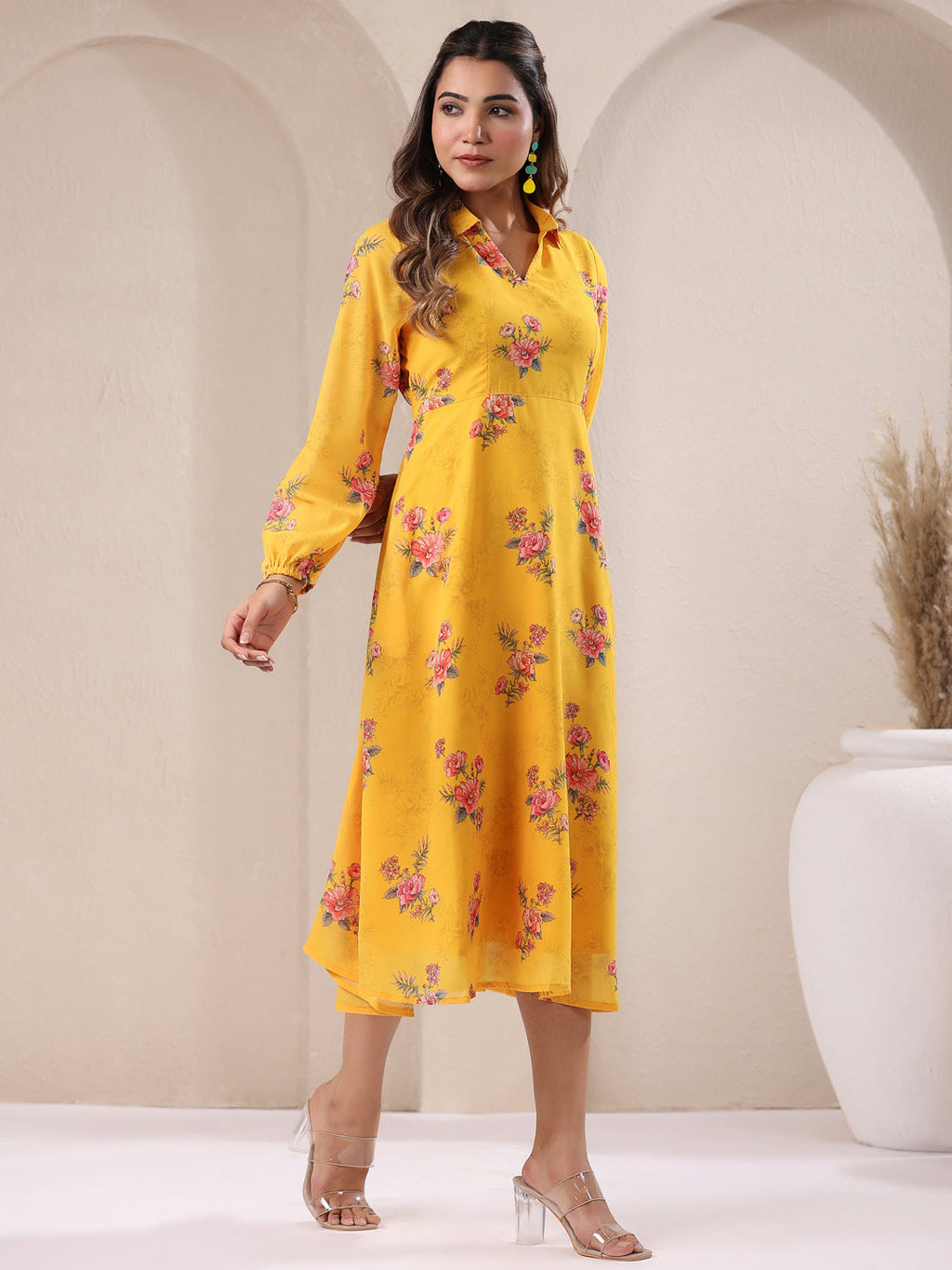 Janasya Bright Georgette Floral A-Line Dress - Distacart