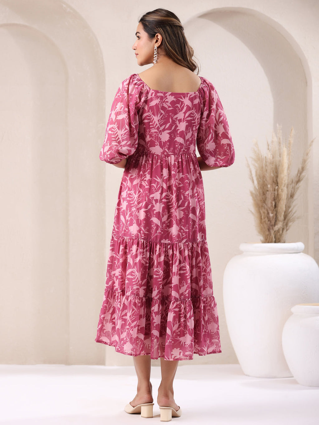 Janasya Dark Georgette Floral Tiered Dress - Distacart