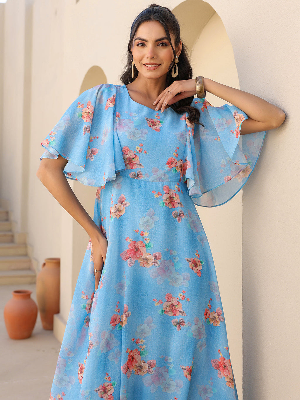 Janasya Bright Georgette Floral A-Line Dress - Distacart