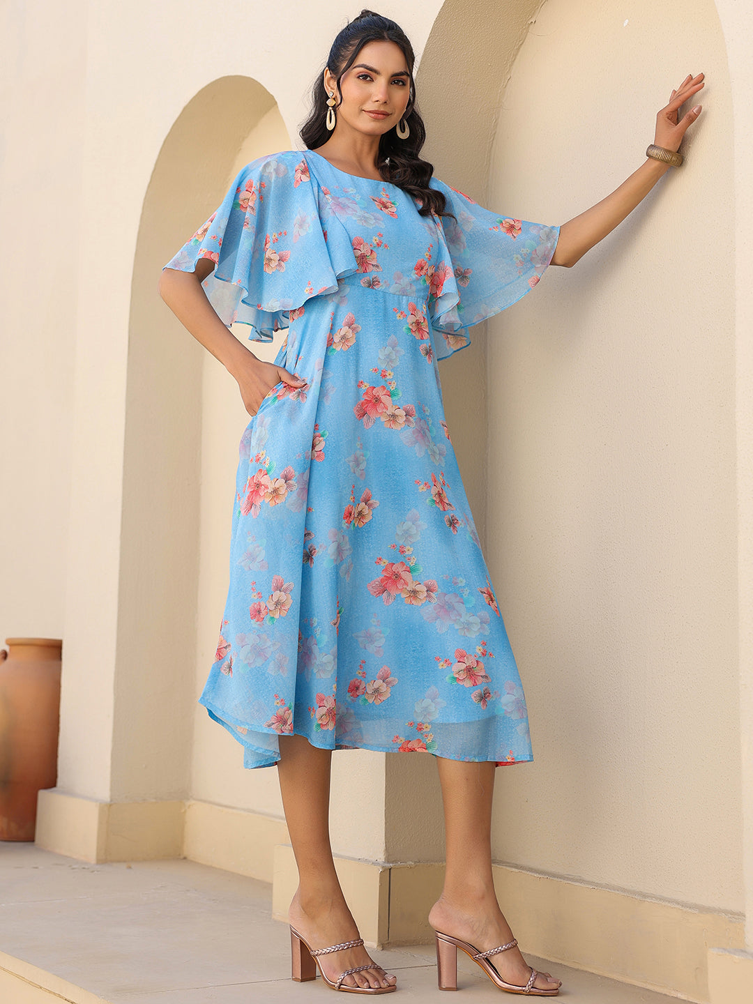 Janasya Bright Georgette Floral A-Line Dress - Distacart