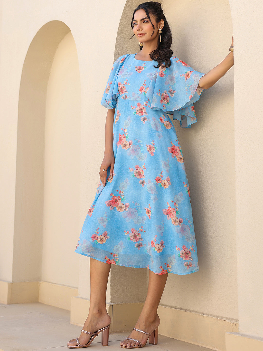 Janasya Bright Georgette Floral A-Line Dress - Distacart