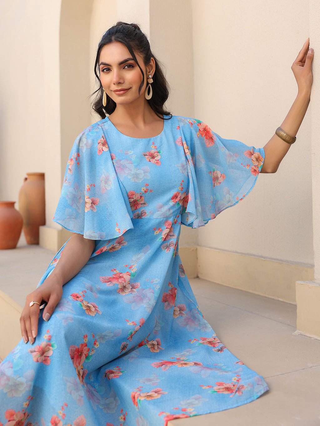 Janasya Bright Georgette Floral A-Line Dress - Distacart