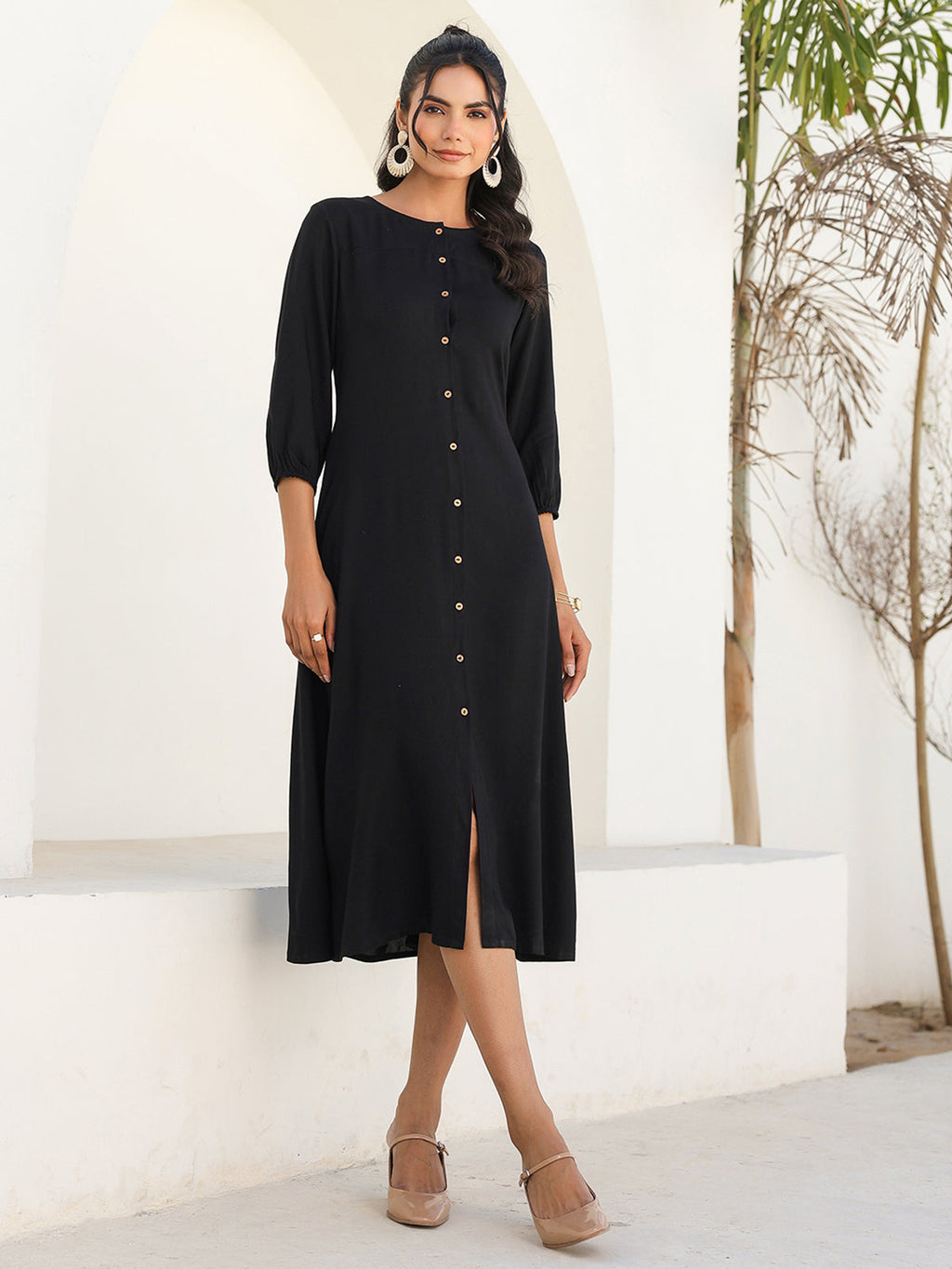 Janasya Dark Rayon Solid A-Line DRESS - Distacart