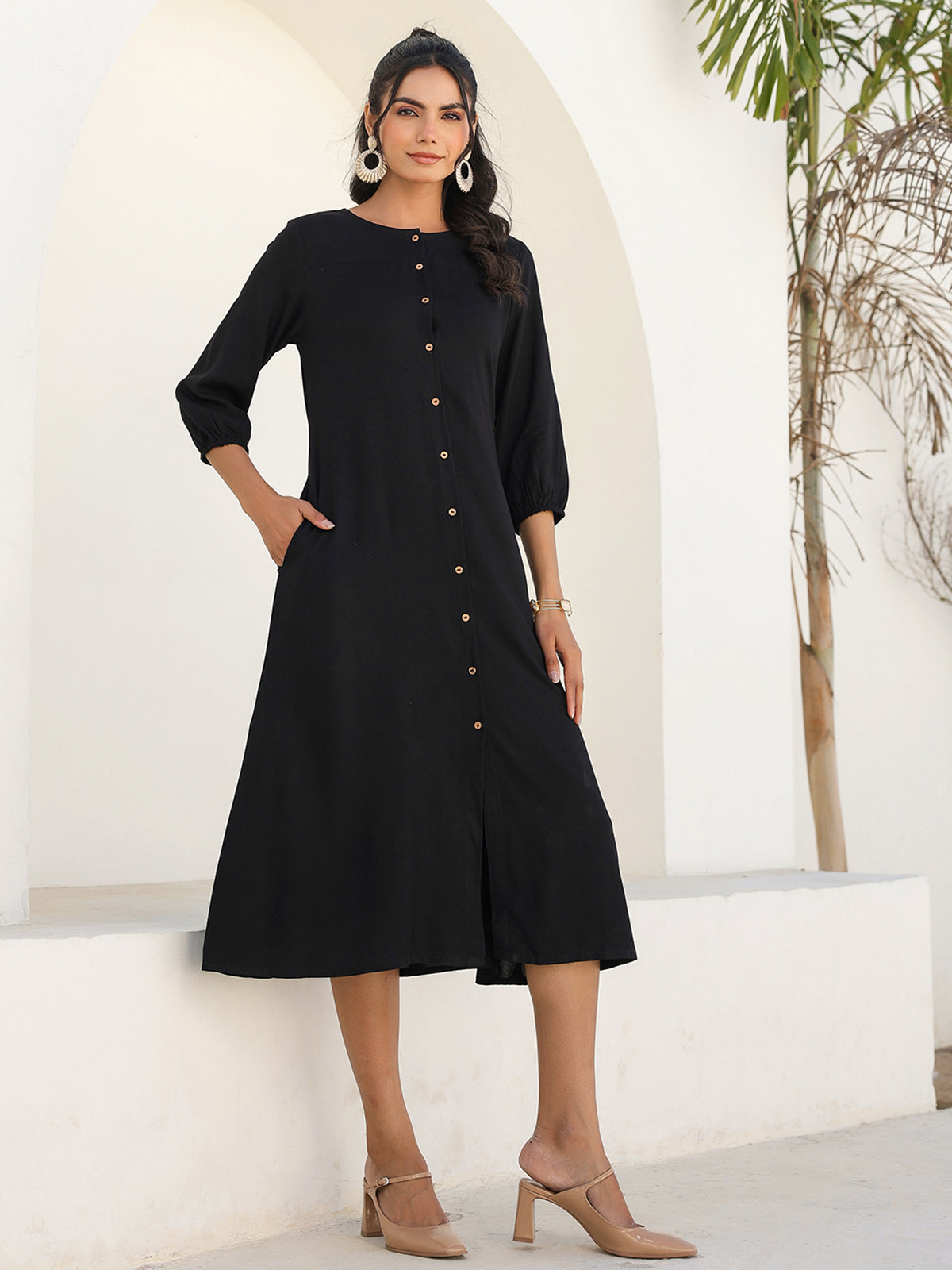 Janasya Dark Rayon Solid A-Line DRESS - Distacart