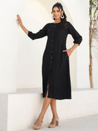 Janasya Dark Rayon Solid A-Line DRESS - Distacart
