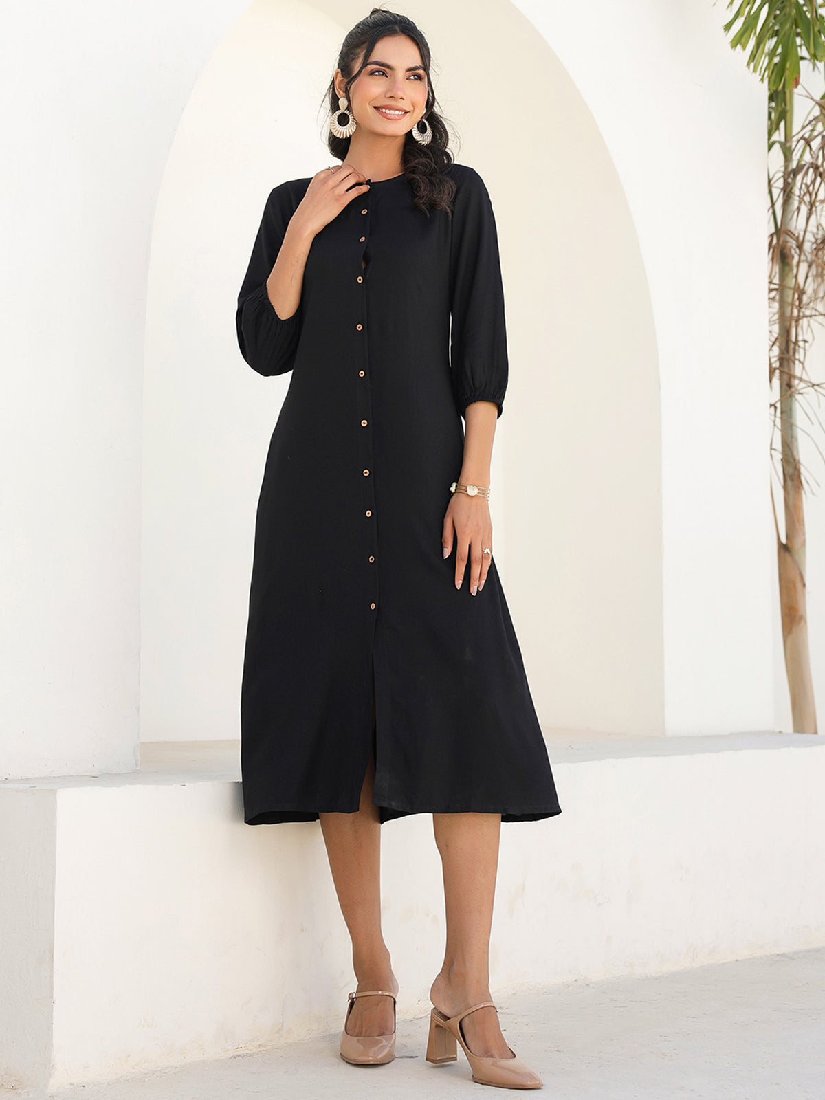 Janasya Dark Rayon Solid A-Line DRESS - Distacart