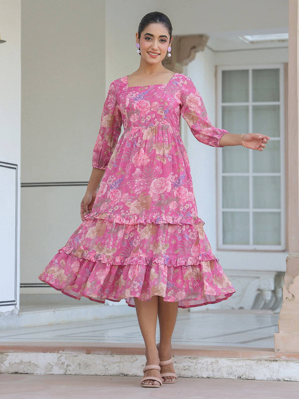 Janasya Dark Georgette Floral Tiered Dress - Distacart