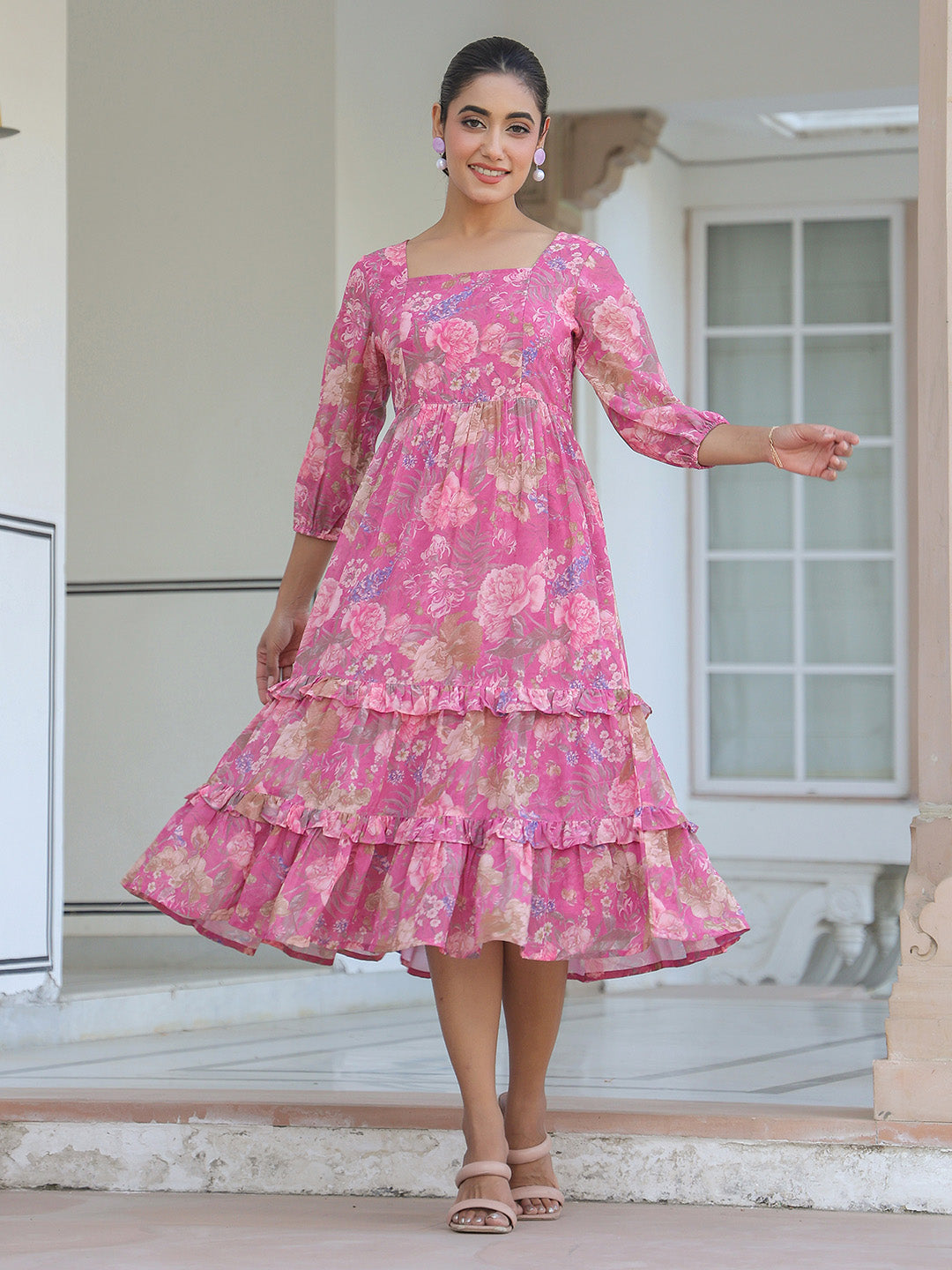 Janasya Dark Georgette Floral Tiered Dress - Distacart