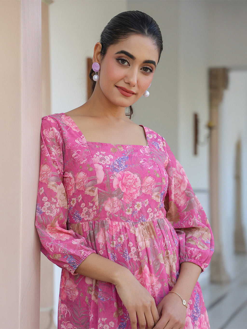 Janasya Dark Georgette Floral Tiered Dress - Distacart
