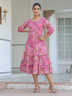 Janasya Dark Georgette Floral Tiered Dress - Distacart
