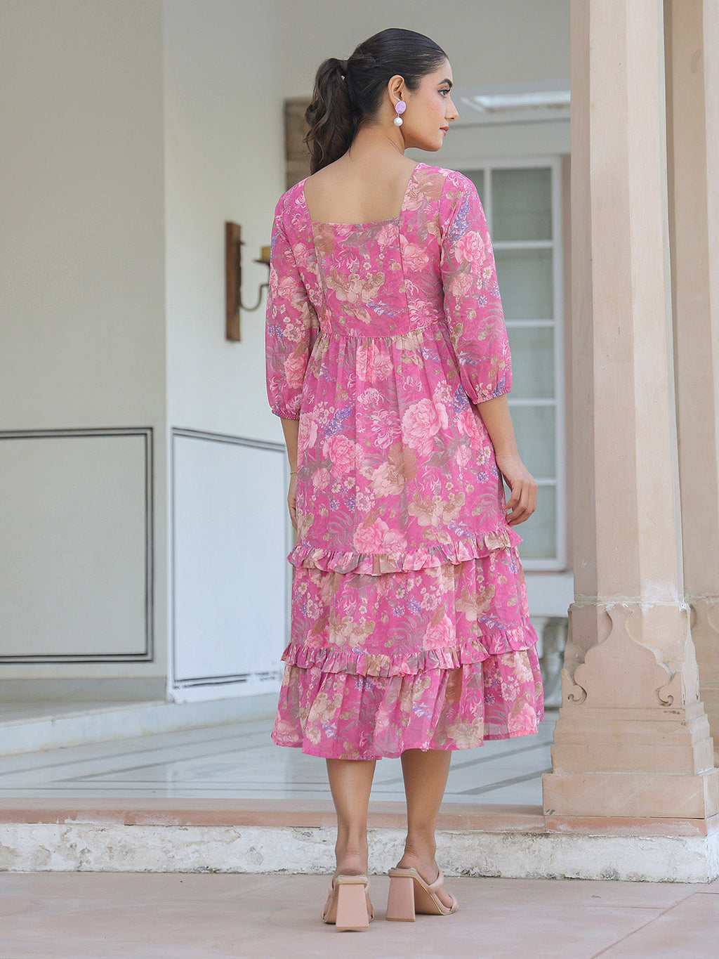 Janasya Dark Georgette Floral Tiered Dress - Distacart
