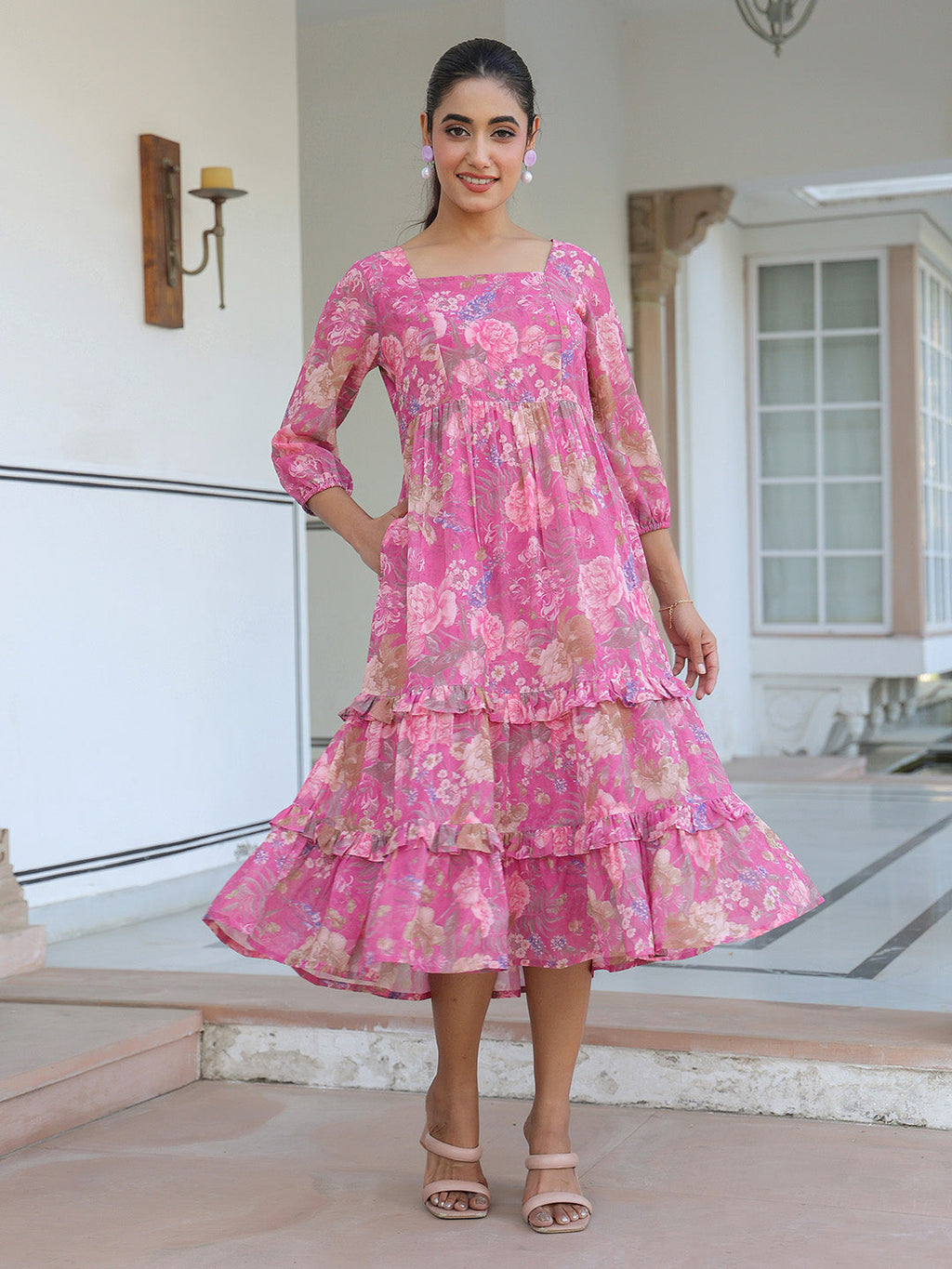 Janasya Dark Georgette Floral Tiered Dress - Distacart