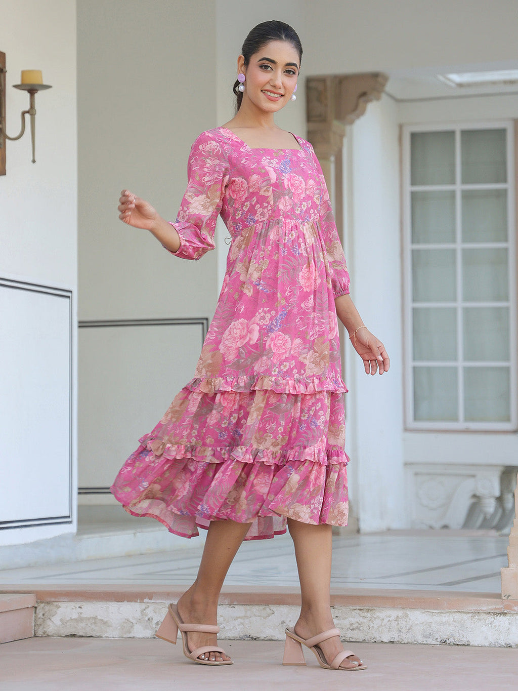 Janasya Dark Georgette Floral Tiered Dress - Distacart