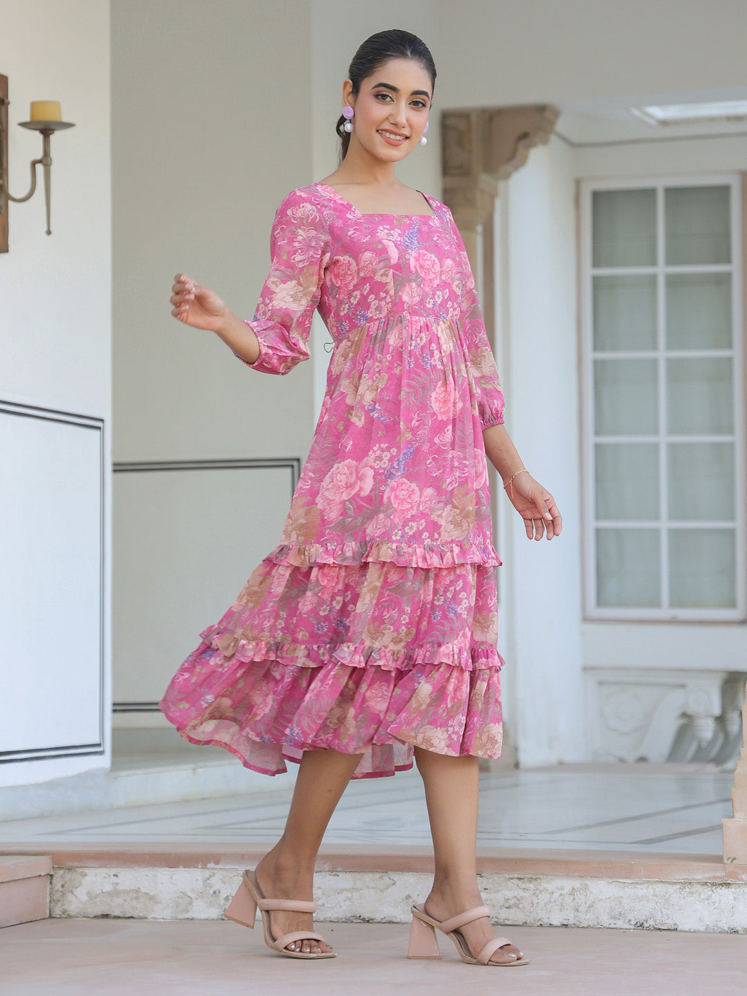Janasya Dark Georgette Floral Tiered Dress - Distacart