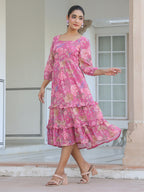 Janasya Dark Georgette Floral Tiered Dress - Distacart