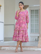 Janasya Dark Georgette Floral Tiered Dress - Distacart