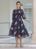 Janasya Dark Georgette Floral A-Line Dress - Distacart