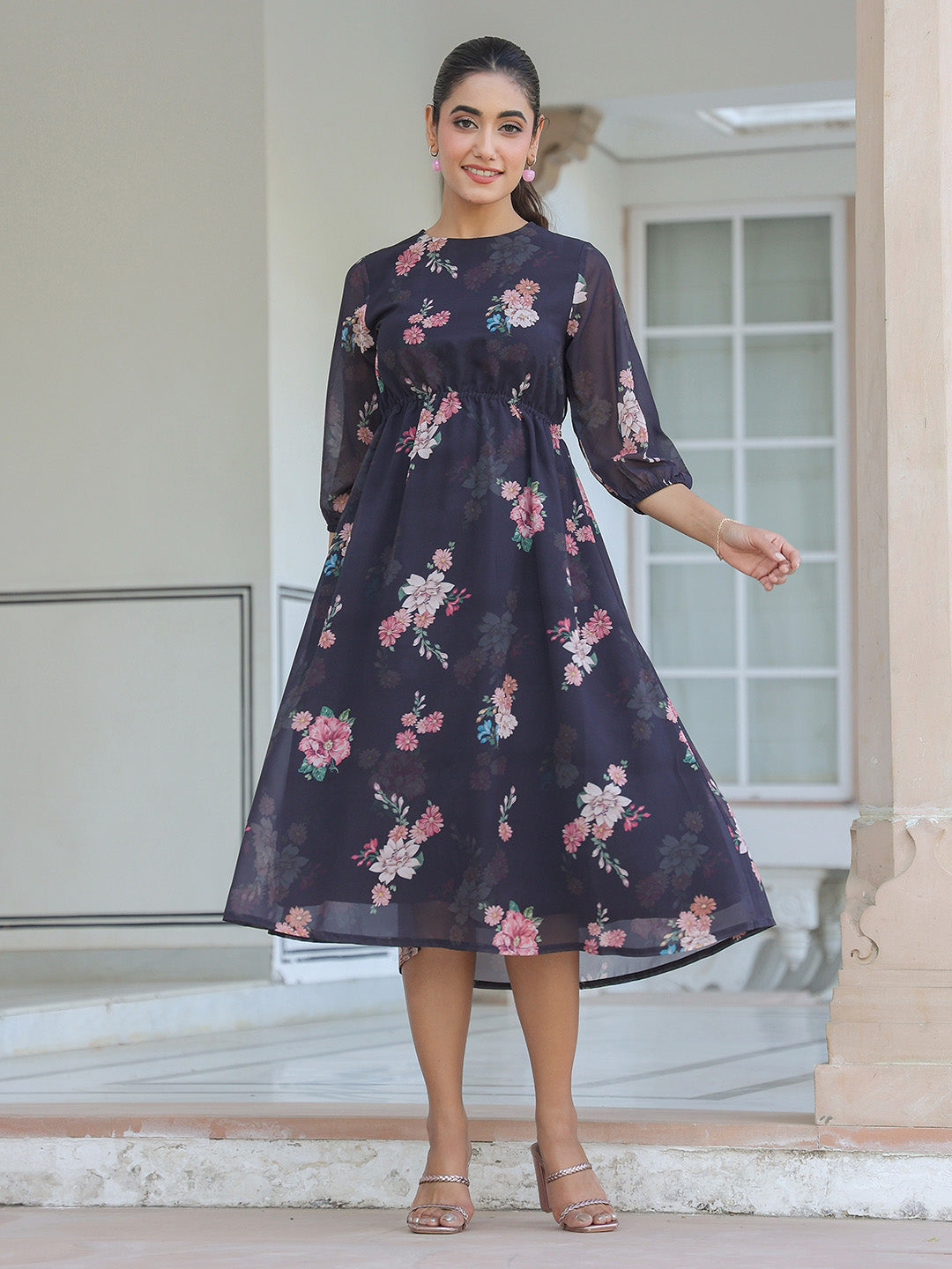 Janasya Dark Georgette Floral A-Line Dress - Distacart
