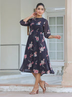 Janasya Dark Georgette Floral A-Line Dress - Distacart