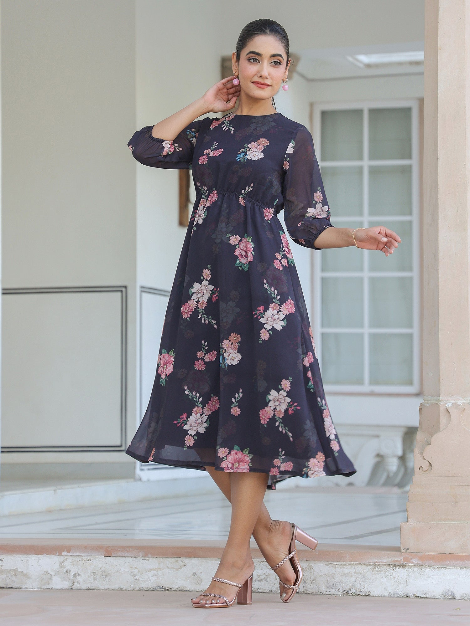 Janasya Dark Georgette Floral A-Line Dress - Distacart