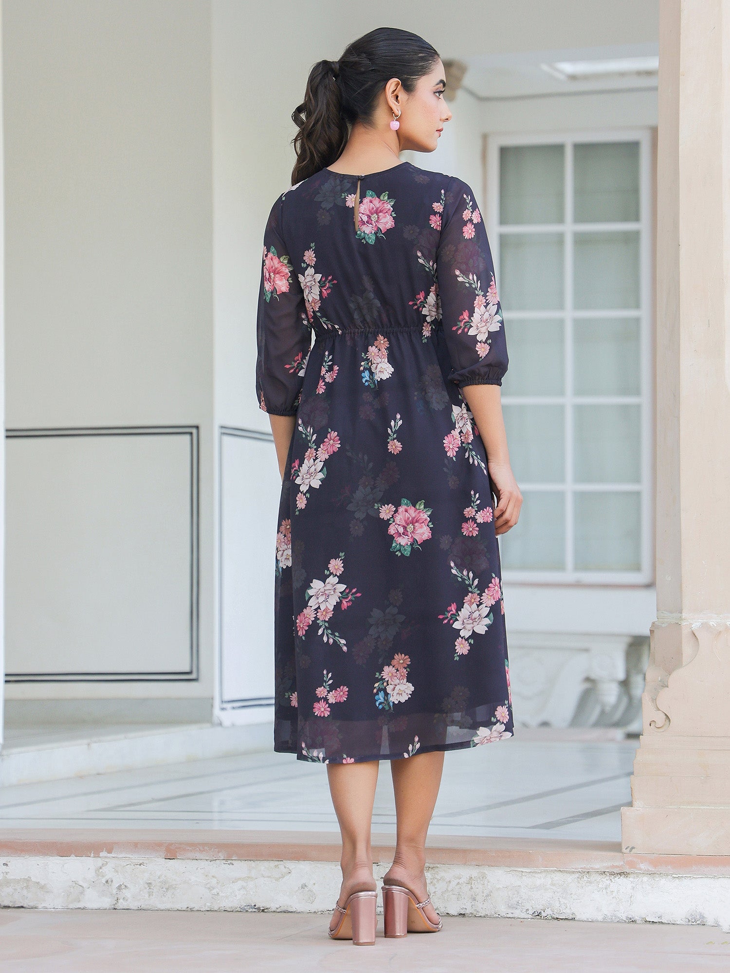 Janasya Dark Georgette Floral A-Line Dress - Distacart