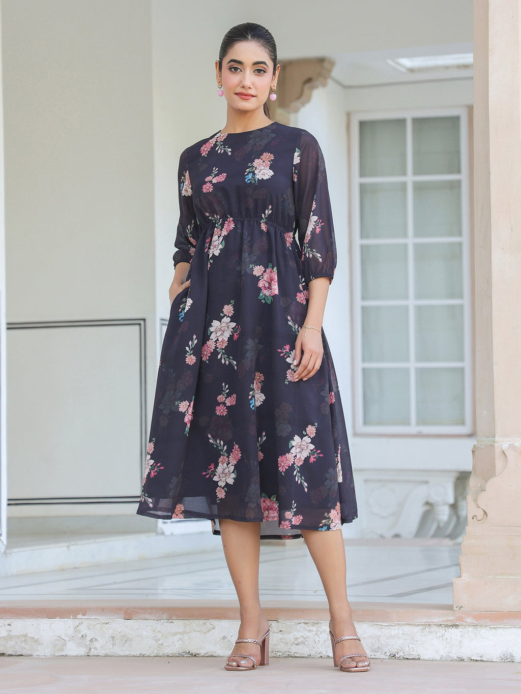 Janasya Dark Georgette Floral A-Line Dress - Distacart